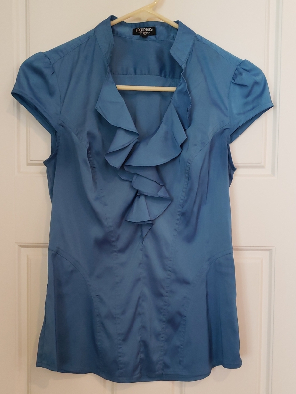 Express Ruffle Front, Cap Sleeve, Fitted Blouse, Blue Satin